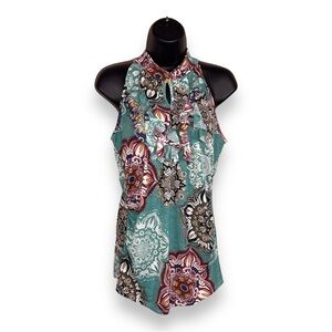 LARGE 42 POPS BLUE BOHO RUFFLE SLEEVELESS STRETCH BLOUSE TOP PAISLEY